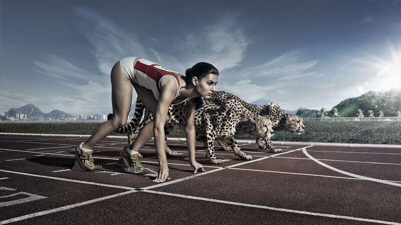 Woman and Cheetahs on Track — Brown, Dramatic, Afternoon