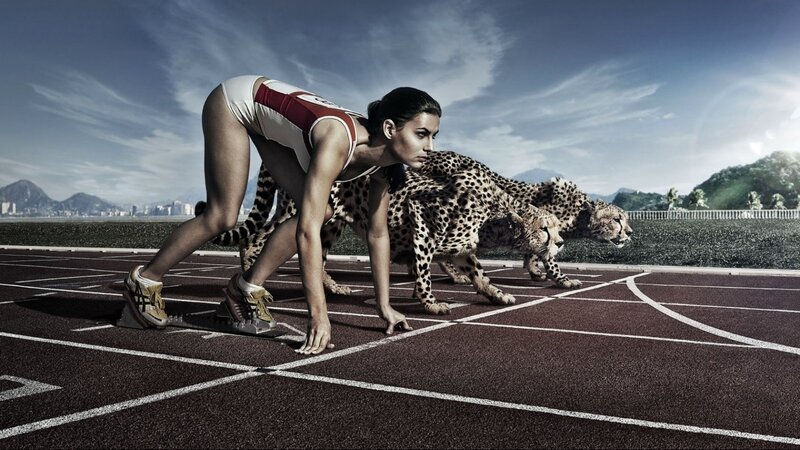 Woman and Cheetahs on Track — Brown, Dramatic