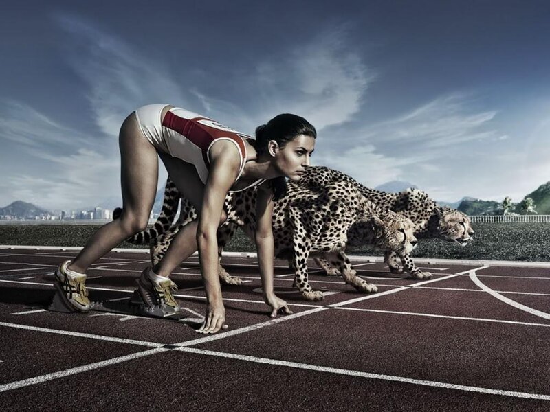 Woman and Cheetahs on Track — Brown, Photograph