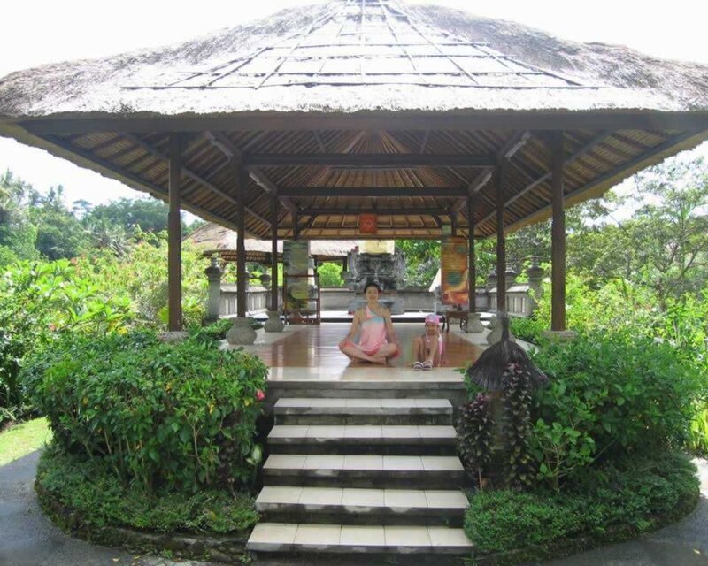 Woman and child at a temple
