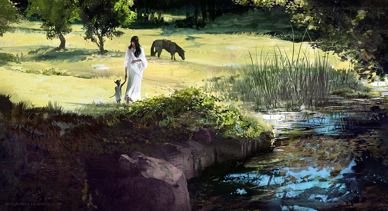 Woman and child by a stream
