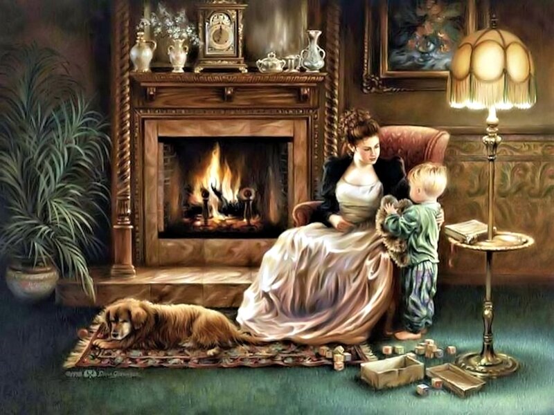 Woman and Child by Fireplace — Brown, Cozy, Night