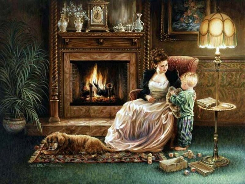 Woman and Child by Fireplace — Brown