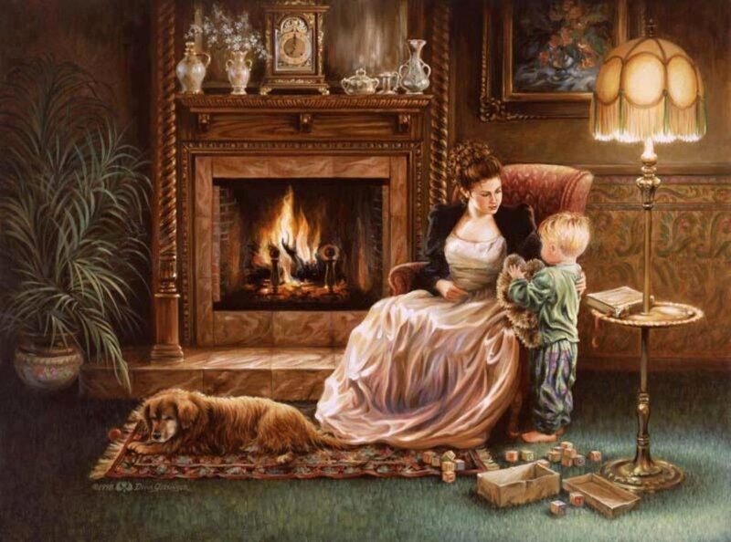 Woman and Child by Fireplace
