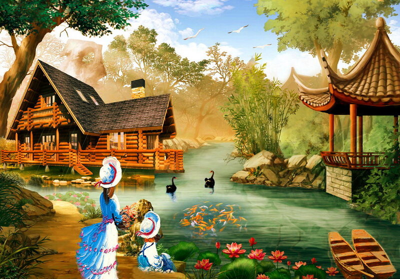Woman and Child by Pond
