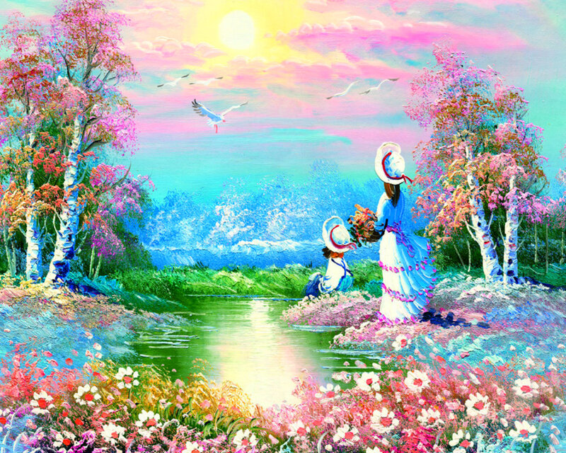 Woman and Child by River — Pink