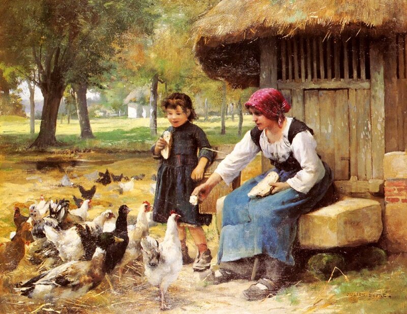 Woman and Child Feeding Chickens