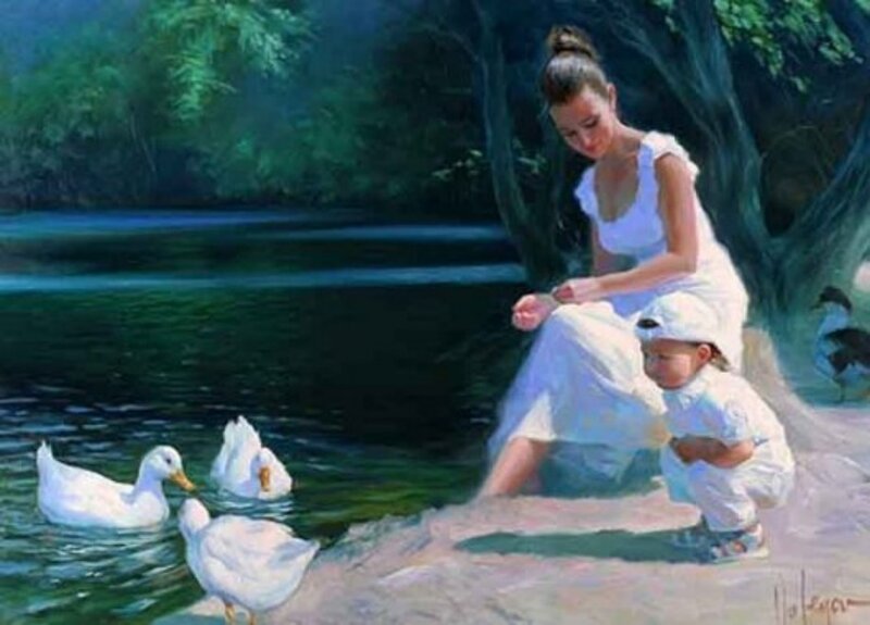 Woman and Child Feeding Ducks
