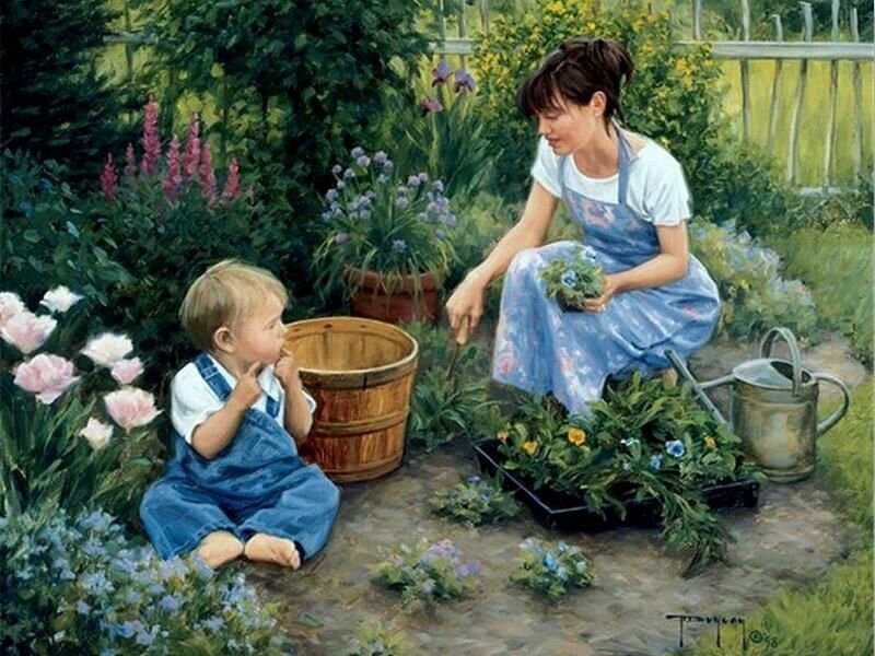 Woman and Child Gardening
