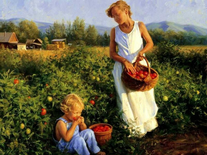 Woman and Child Harvesting Tomatoes
