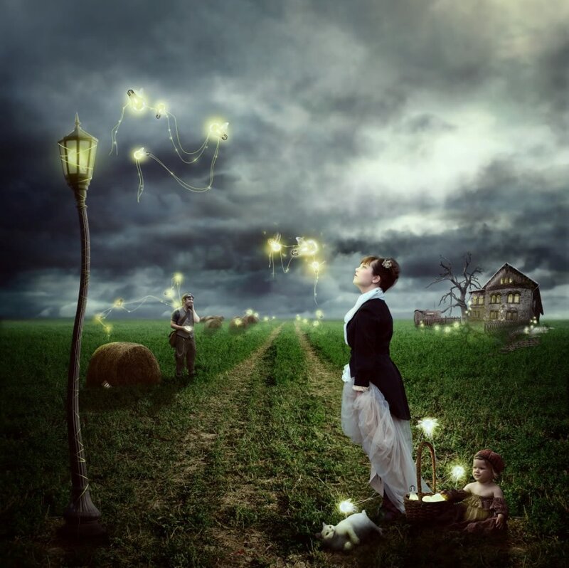 Woman and Child in Field — Green, Dramatic