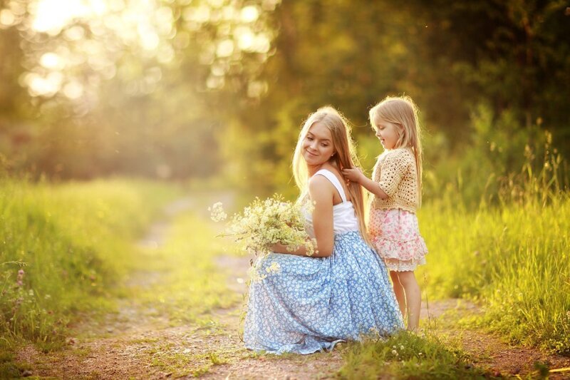 Woman and Child in Field — Green, Serene, Sunset