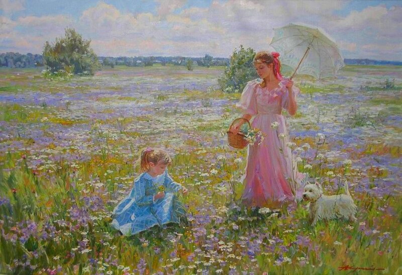 Woman and Child in Field — Pink