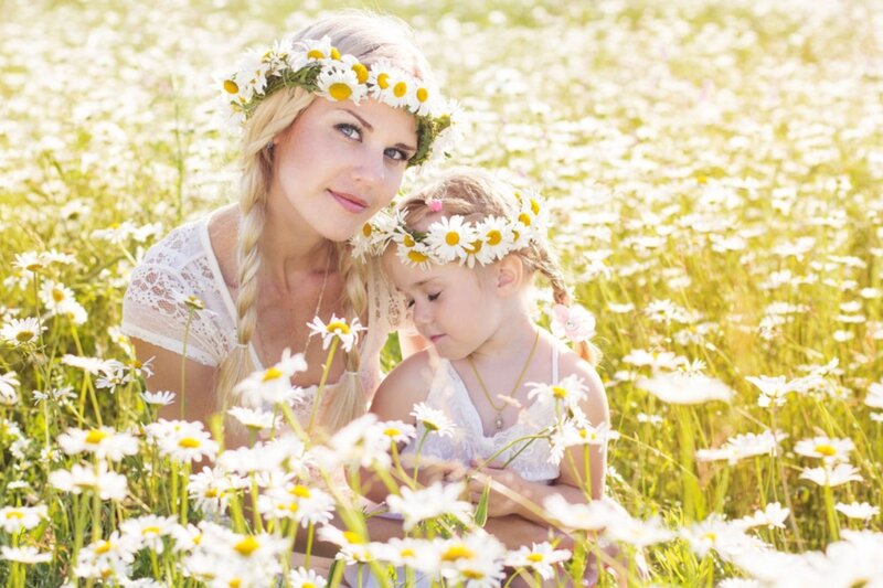Woman and Child in Field — White