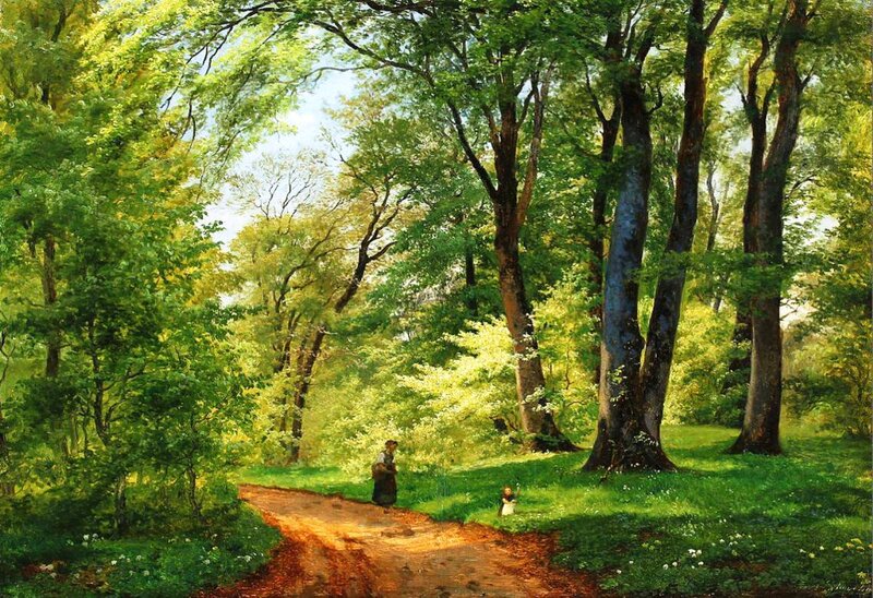 Woman and Child in Forest — Green