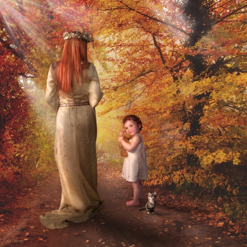 Woman and Child in Forest — Orange