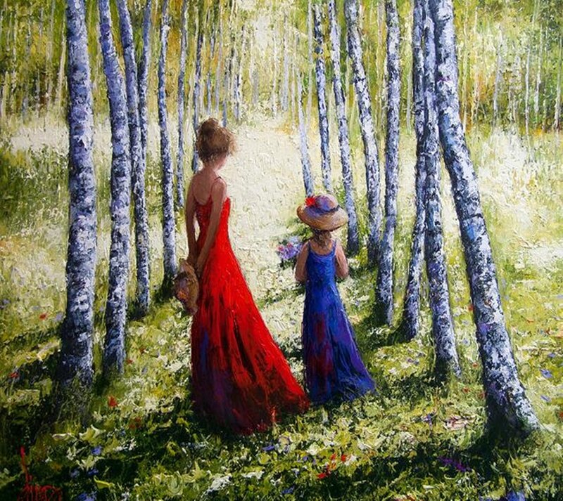 Woman and Child in Forest — Red