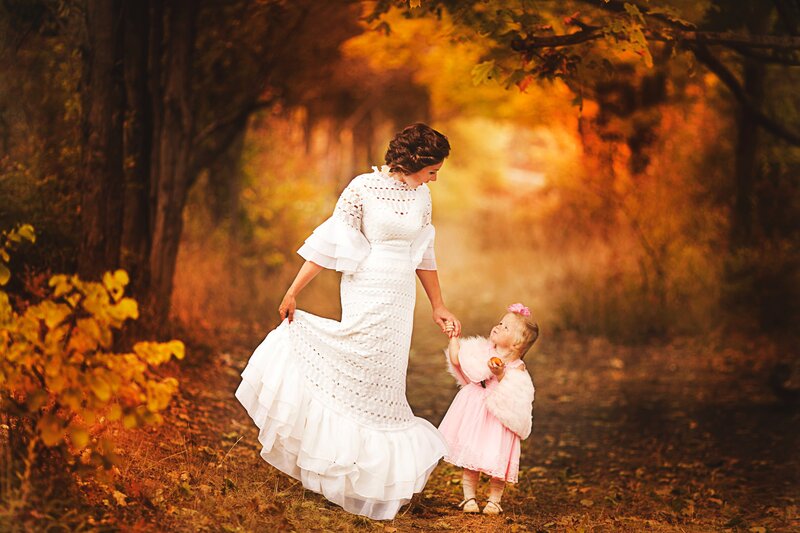 Woman and Child in Forest — White