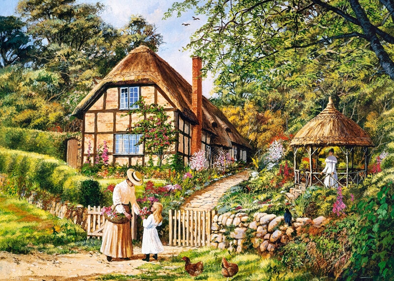 Woman and Child in Garden — Green, Serene, Afternoon, Painting, Thatched Cottage, Gazebo