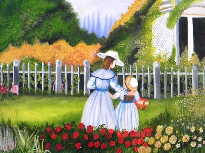 Woman and Child in Garden — Green, Serene, Afternoon, Painting