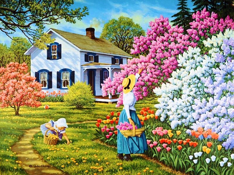 Woman and Child in Garden — Green, Serene, Spring