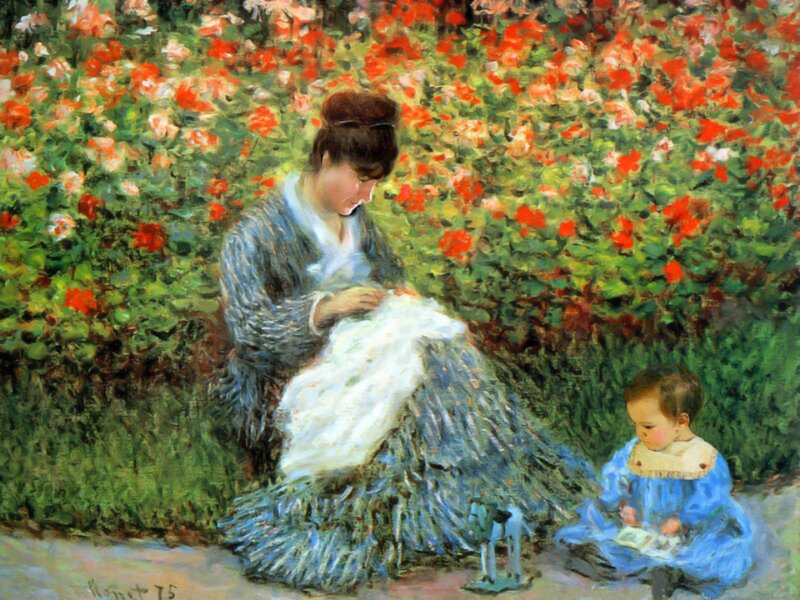 Woman and Child in Garden — Green, Serene