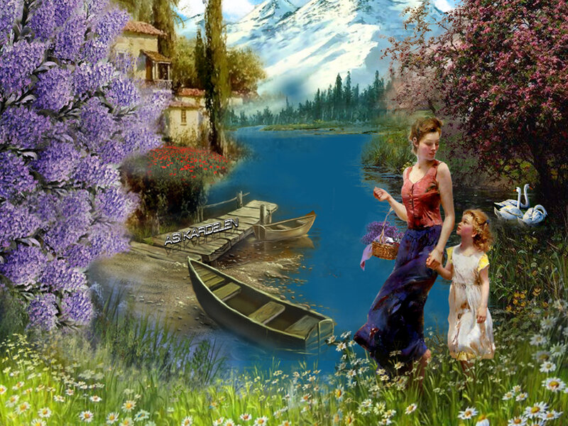 Woman and Child in Garden — Purple