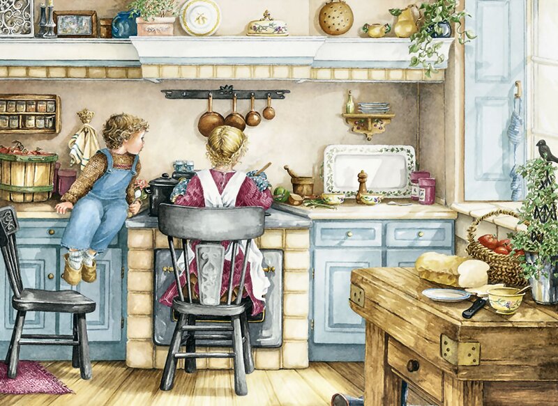 Woman and Child in Kitchen — Blue