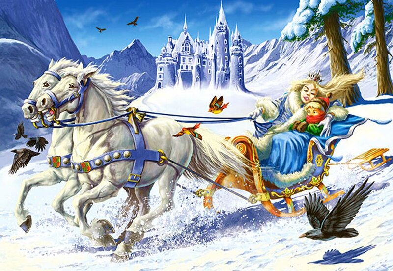 Woman and Child in Sleigh — Blue