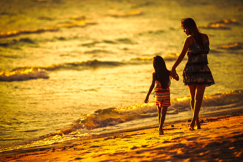 Woman and Child on Beach — Gold