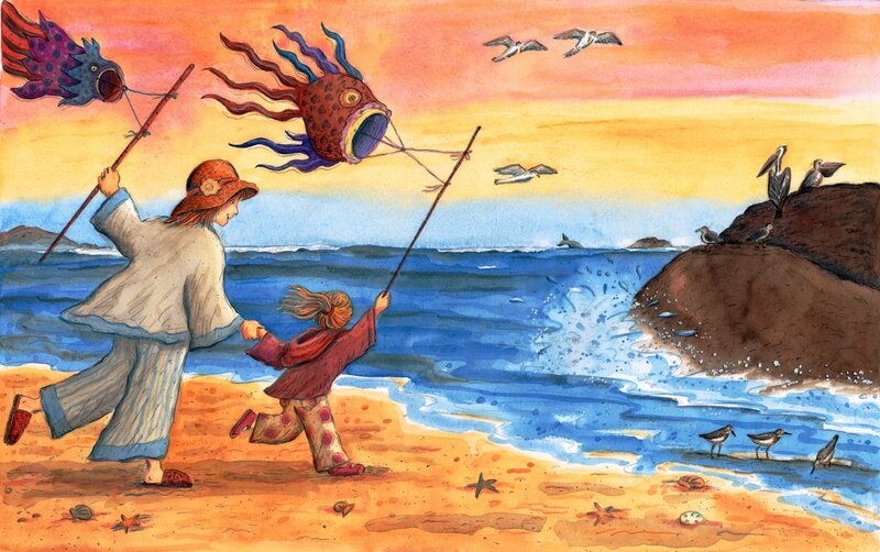 Woman and Child on Beach — Orange