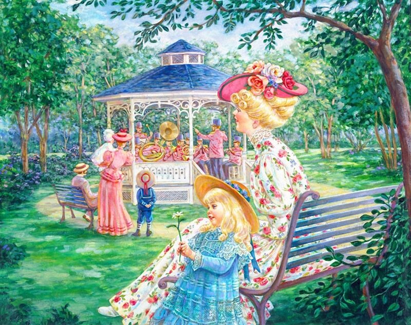 Woman and Child on Bench — Green
