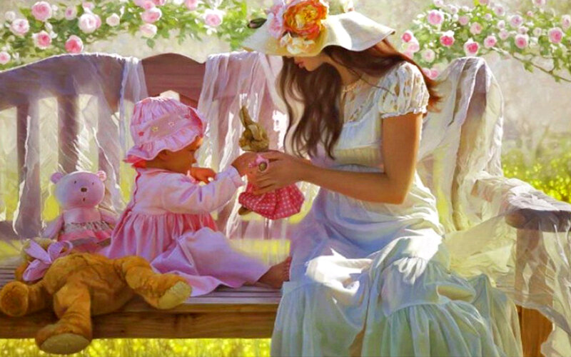 Woman and Child on Bench — Pink