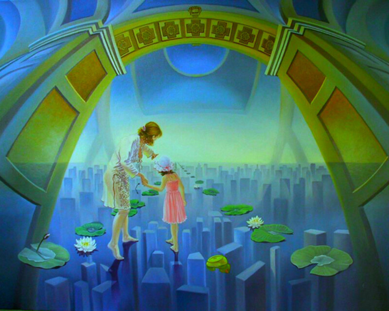 Woman and Child on Lily Pads