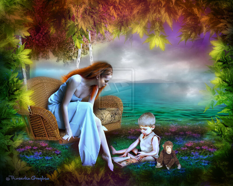 Woman and Child Reading — Blue