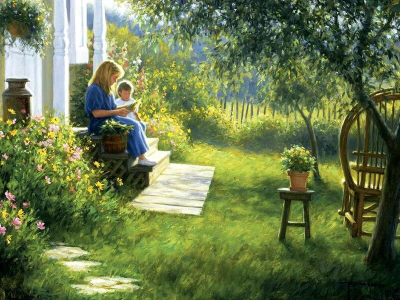 Woman and Child Reading — Green, Serene