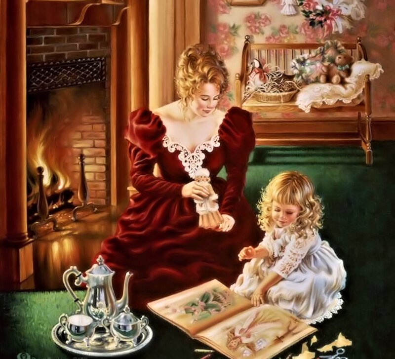 Woman and Child Reading — Red, Serene