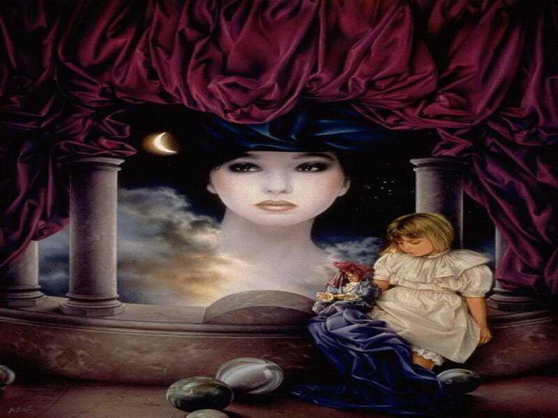 woman and child under red curtain