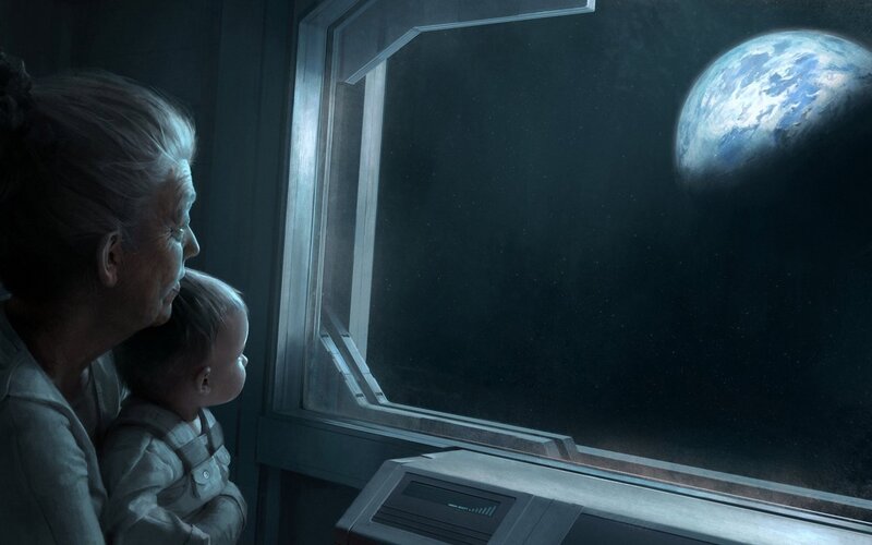 woman and child view Earth from space