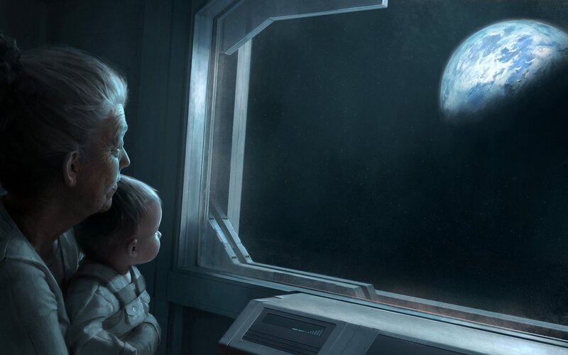 woman and child view Earth from space