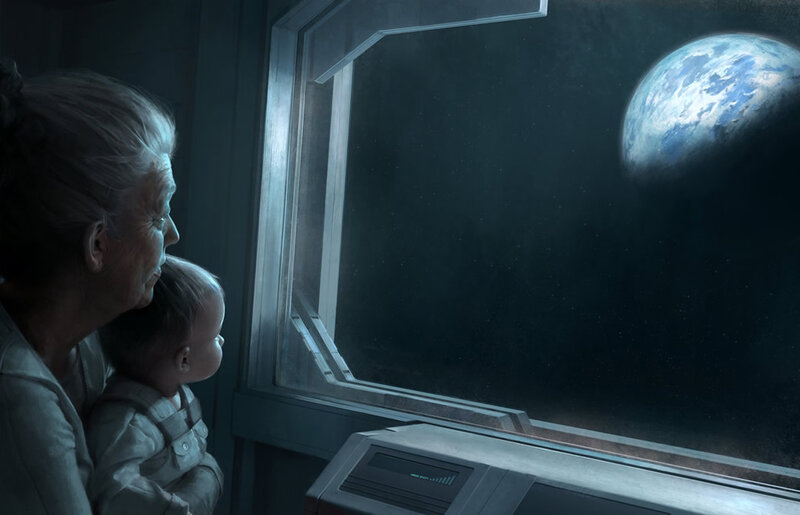 woman and child view Earth from spacecraft