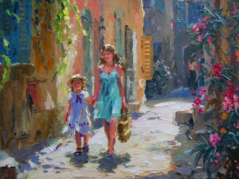Woman and Child Walking — Blue