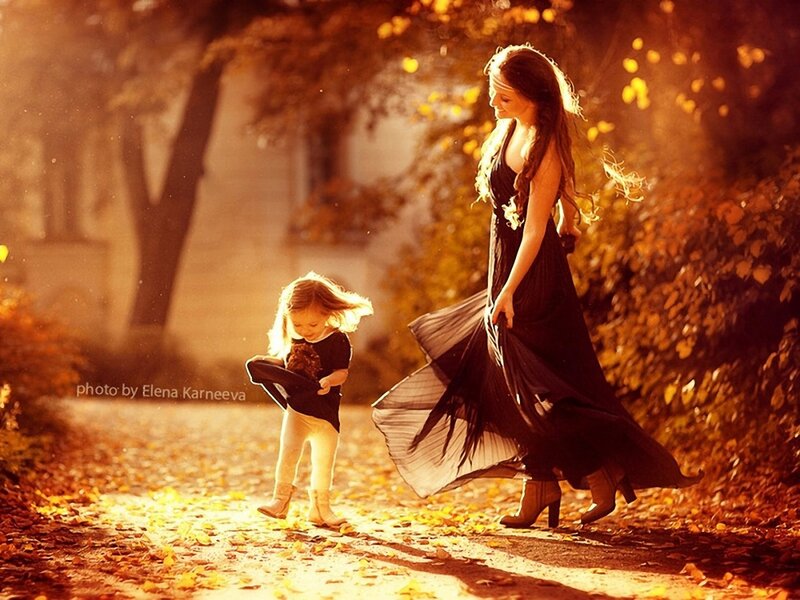 Woman and Child Walking — Golden
