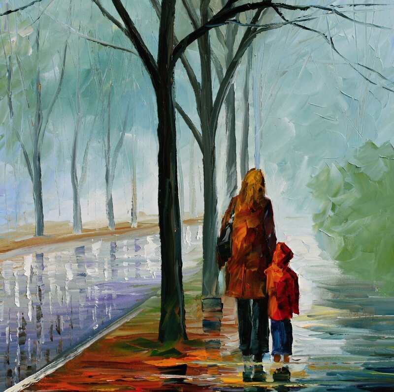 Woman and Child Walking — Green, Calm
