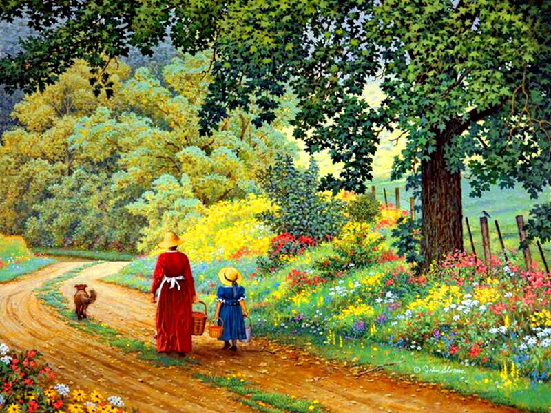 Woman and Child Walking — Green