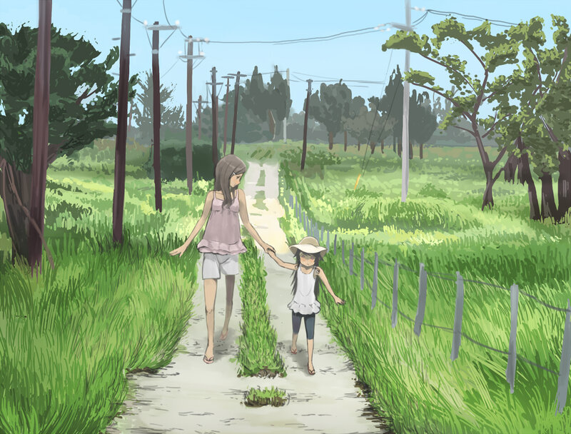 woman and child walking on path