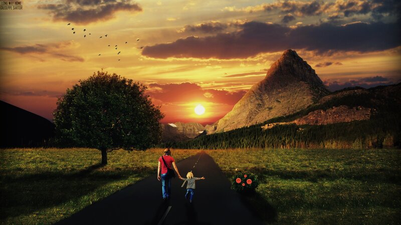Woman and Child Walking — Orange, Serene