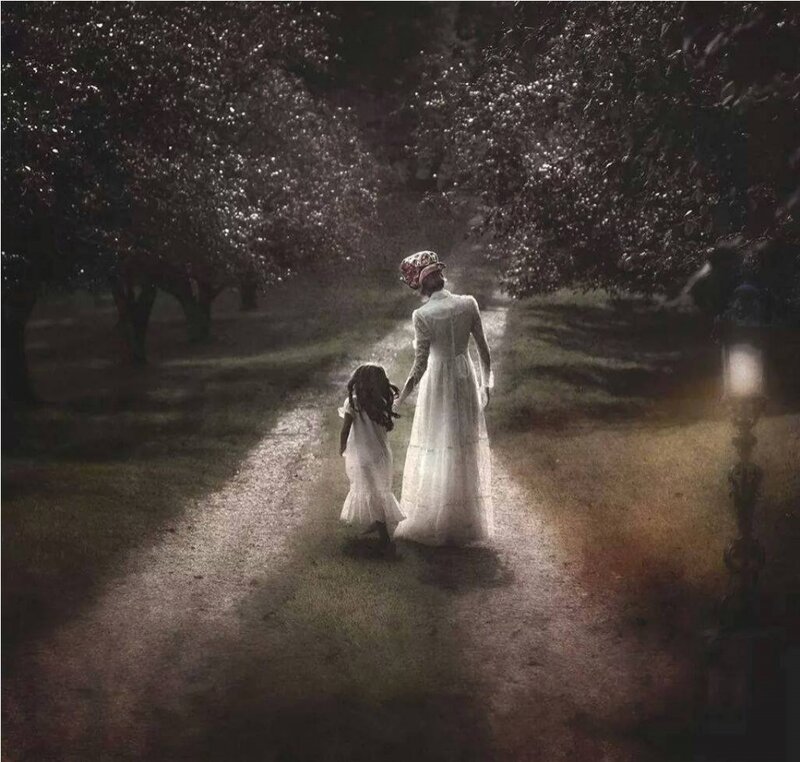 Woman and Child Walking — White, Dramatic