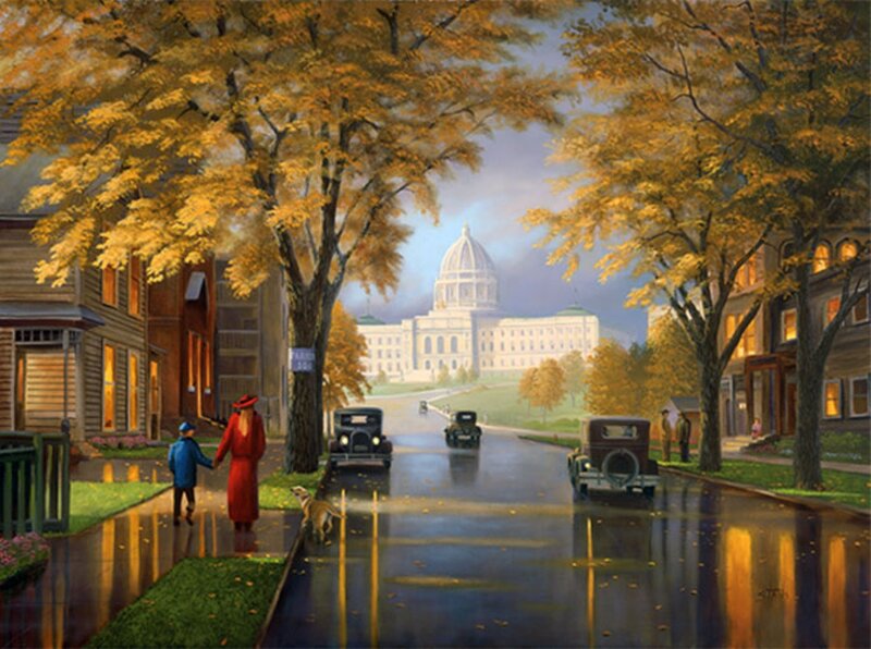 Woman and Child Walking — Yellow, Serene, Autumn