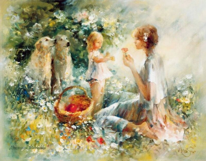 Woman and Child with Dogs